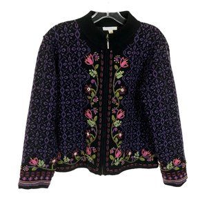 Womens Size Small Carson Black Lambswool Floral Embroidered Full Zip Sweater